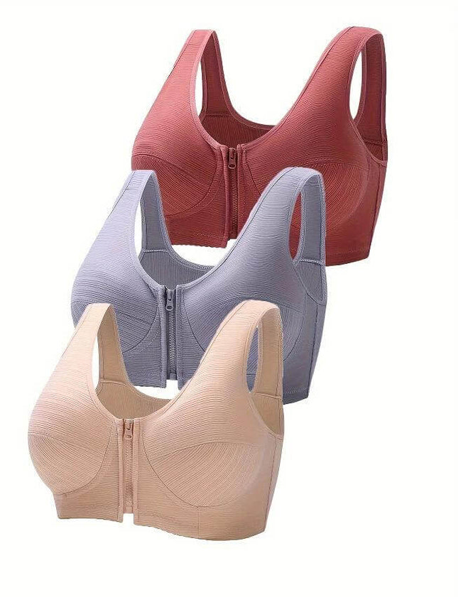 Plus Size Underwire Vest Bra Cotton Full Cup Soft Support front-zip nursing cotton full-coverage bras in skin, gray, purplish gray and caramel