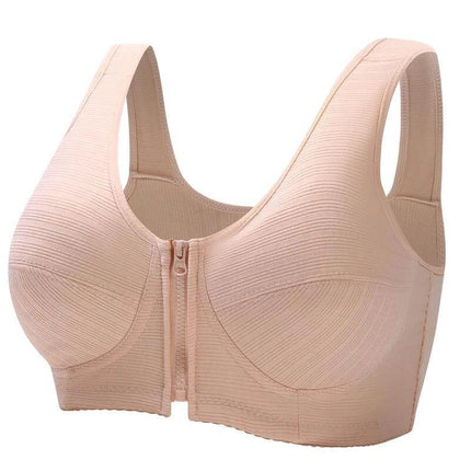 Plus Size Underwire Vest Bra Cotton Full Cup Soft Support - breathable cotton full cup nursing bra in skin tone with front zip, anti-exposure design for middle-aged wearers