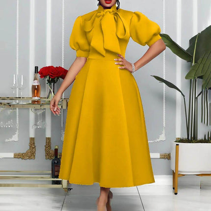 Plus Size Bow Mid Length Evening Dress With High Waist in yellow polyester blend with puff sleeves and bow detail for semi-formal events