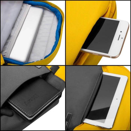 POFOKO XY Series 14-15.4 Inch Laptop Backpack for Everyday Use showing organized laptop sleeve, tablet and phone pockets in yellow backpack