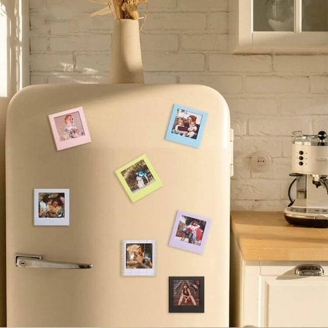 Polaroid Square Photo Frame Magnetic Building Blocks Fridge Magnet displaying colorful square photo frames on a cream refrigerator for home decor