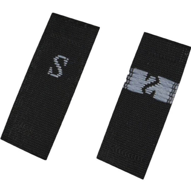 Polyester Clothing Size Labels 3.4 x 1.2 cm Roll 380 pcs - black polyester size tags showing S and sewn edges for garments