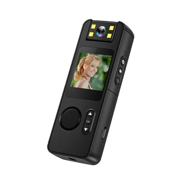 Portable Night Vision Sports Camera With Wide Angle Lens showing compact black unit with 1.54-inch display, 140° wide-angle lens, rotatable mount and built-in mic