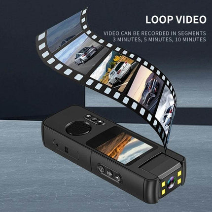 Portable Night Vision Sports Camera With Wide Angle Lens showing loop video feature, 140° wide-angle, 180° rotating lens, compact helmet/cycling mount