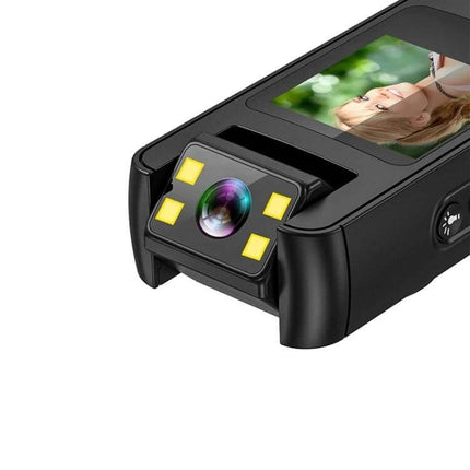 Portable Night Vision Sports Camera With Wide Angle Lens showing close-up of rotating lens, four LED lights and 1.54" display