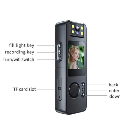 Portable Night Vision Sports Camera With Wide Angle Lens showing compact black 180° rotating design, 140° wide-angle lens, 1.54" display and labeled buttons