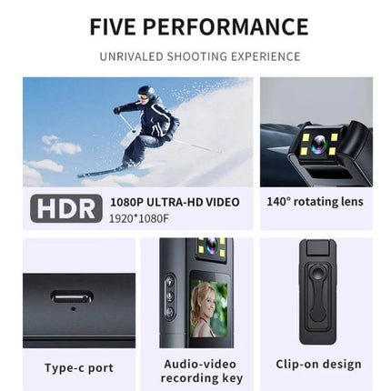 Portable Night Vision Sports Camera With Wide Angle Lens showing 140° rotating lens, 1080P HDR video, Type-C port, clip-on design and audio-video key
