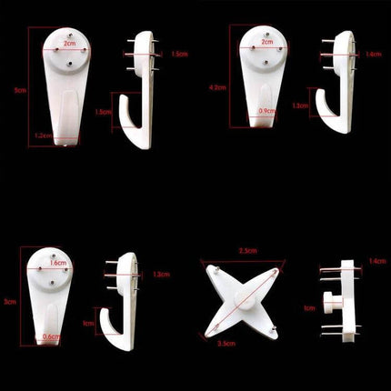 Press-Free Hanging Nail Hooks 30Pcs Set For Photo Frames - white ABS drill-free hooks with measurements shown for frames, clocks, and wall decor