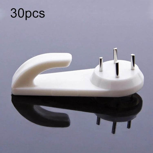 Press-Free Hanging Nail Hooks 30Pcs Set For Photo Frames – white ABS drill-free hook with four metal pins for lightweight frames, clocks, decor