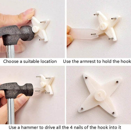 Press-Free Hanging Nail Hooks 30Pcs Set For Photo Frames - close-up of white ABS star hook being hammered into wall showing 4 nails and armrest guide
