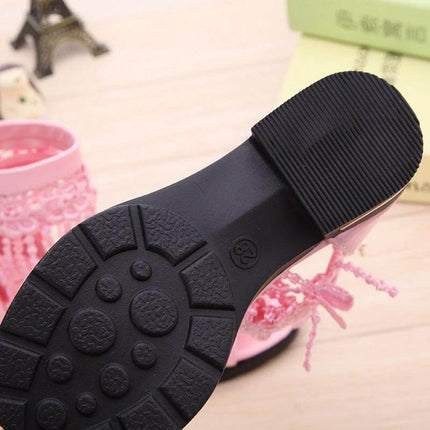 Princess Girls Fish Mouth Sandals With Woven Cross Strap US7 pink PU kids sandal rubber sole close-up view of tread and adjustable woven cross strap
