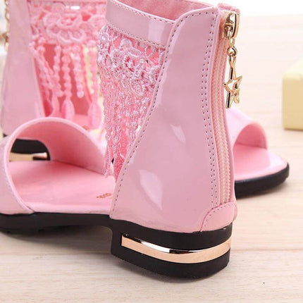 Princess Girls Fish Mouth Sandals With Woven Cross Strap US7 pink PU sandals with woven lace, back zipper and star charm for kids school and family outings