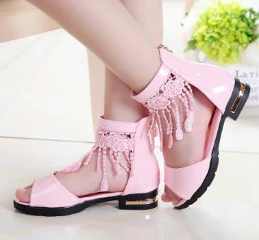 Princess Girls Fish Mouth Sandals With Woven Cross Strap US7 pink PU fish-mouth toe sandals with woven cross strap and tassel detail for school and play