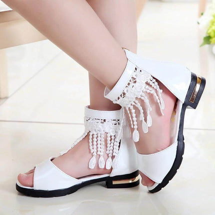 Princess Girls Fish Mouth Sandals With Woven Cross Strap US7 white PU fish-mouth toe sandals with woven cross strap and fringe ankle for kids