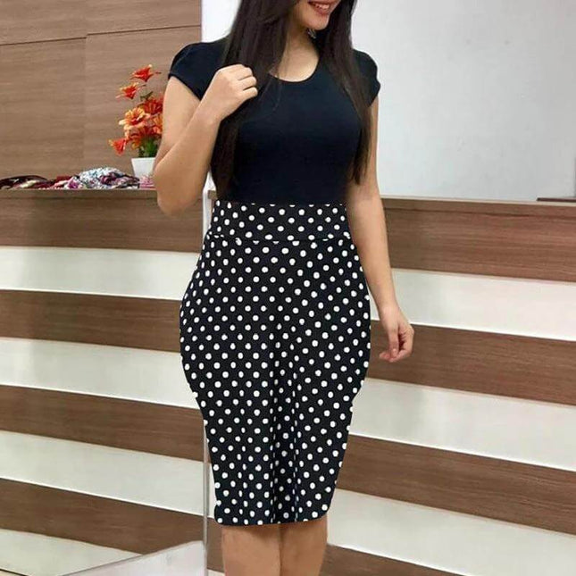 Printed Midi Pencil Office Dress For Women, Large Size - fitted black top with polka dot midi pencil skirt, professional office outfit for meetings