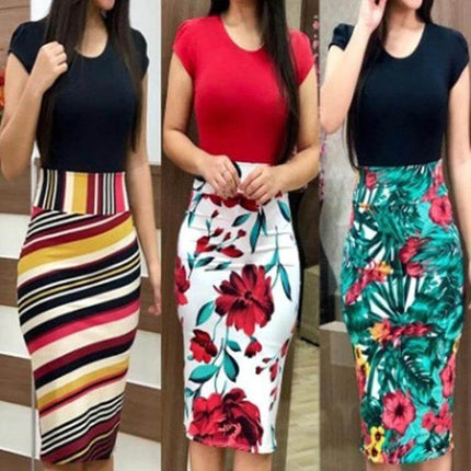Printed Midi Pencil Office Dress For Women, Large Size - three printed mid-calf pencil skirts in office-ready styles with fitted silhouette