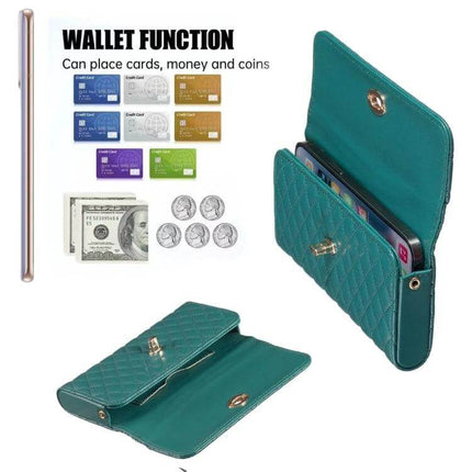 Crossbody PU Horizontal Bag for Large Capacity Everyday Essentials showing teal quilted wallet function with phone, cards, cash and coins