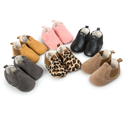 PU Leather Newborn Baby Walker Shoes For Soft Everyday Wear - assorted soft PU leather crib shoes in pink, black, tan, grey, leopard print for infants