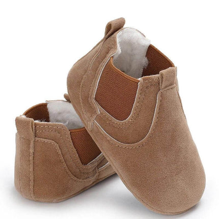 PU Leather Newborn Baby Walker Shoes For Soft Everyday Wear - tan PU leather slip-on newborn crib shoes with padded interior for indoor use