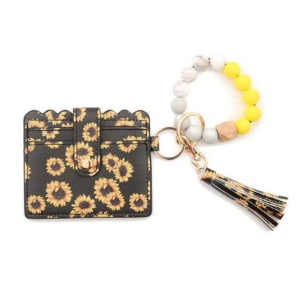 PU Tassel Silicone Bead Bracelet Wallet With Keychain Sunflower - sunflower print PU card wallet with silicone bead bracelet, tassel and keyring