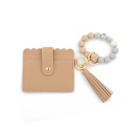 PU Tassel Silicone Bead Bracelet Wallet With Keychain Sunflower - beige PU card wallet with sunflower tassel and silicone bead bracelet keychain