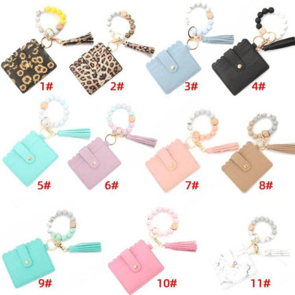 PU Tassel Silicone Bead Bracelet Wallet With Keychain Sunflower - 11 color options including leopard, black, pastel and marble with tassel and keyring