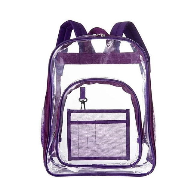 PVC Transparent Waterproof School Backpack Large Purple - clear waterproof PVC school backpack with front pocket and padded straps