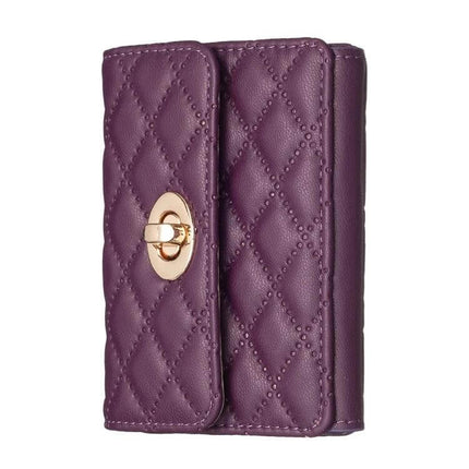 Phone Back Card Holder With Metal Buckle Thin And Lightweight in quilted purple PU leather with gold-tone buckle