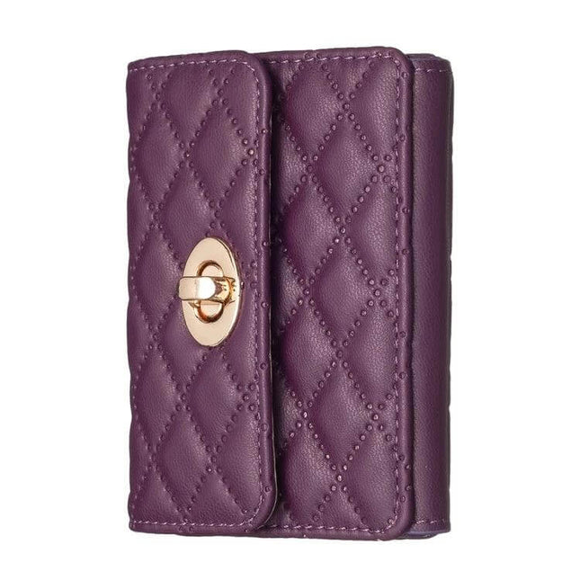 Phone Back Card Holder With Metal Buckle Thin And Lightweight in quilted purple PU leather with gold-tone buckle