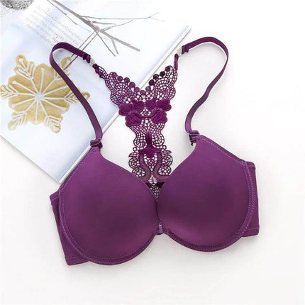 Push Up Front Closure Bra With Y Back For Everyday Wear Black - front-closure purple bra with lace Y-back, underwire 3/4 push-up for smooth silhouette