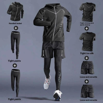 Running T Shirt Quick Dry For Training black quick-dry multi-piece running and training set with hooded jacket, tights and shorts