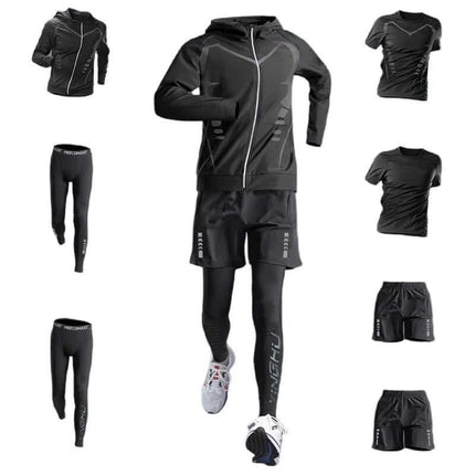 Running T Shirt Quick Dry For Training - men's black quick-dry running set with hoodie, tights, shorts and short/long sleeve options
