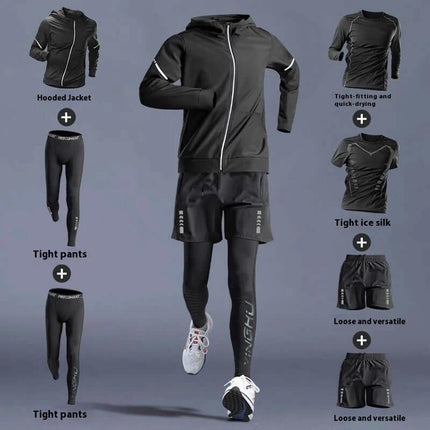 Running T Shirt Quick Dry For Training - black quick-dry multi-piece running set with hooded jacket, shorts, tight pants and breathable training tops