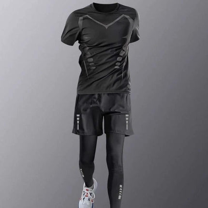 Running T Shirt Quick Dry For Training black short-sleeve set with quick-dry fabric, breathable running shorts and compression leggings