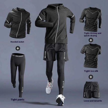 Running T Shirt Quick Dry For Training black multi-piece quick-dry training set with hooded jacket, tight pants, shorts and long/short sleeve shirts