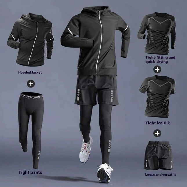 Running T Shirt Quick Dry For Training black multi-piece quick-dry training set with hooded jacket, tight pants, shorts and long/short sleeve shirts