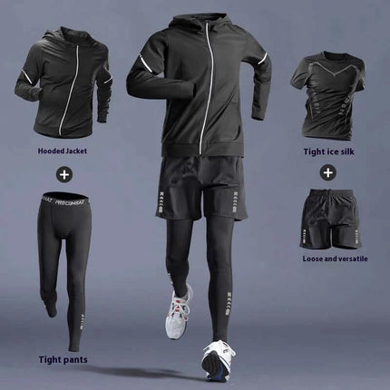 Running T Shirt Quick Dry For Training - black quick-dry running set with hooded jacket, tight pants, shorts and tight ice silk top for workouts