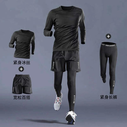 Running T Shirt Quick Dry For Training - black long-sleeve quick-dry running set with shorts and compression leggings for training