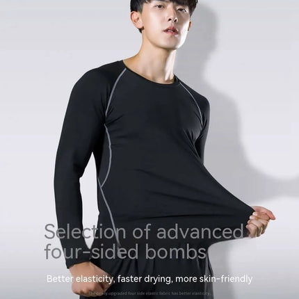 Alt Tag: Quick-Drying Running Set For Gym, Two-Piece Fitness Wear - men's black moisture-wicking long-sleeve top with stretch fit