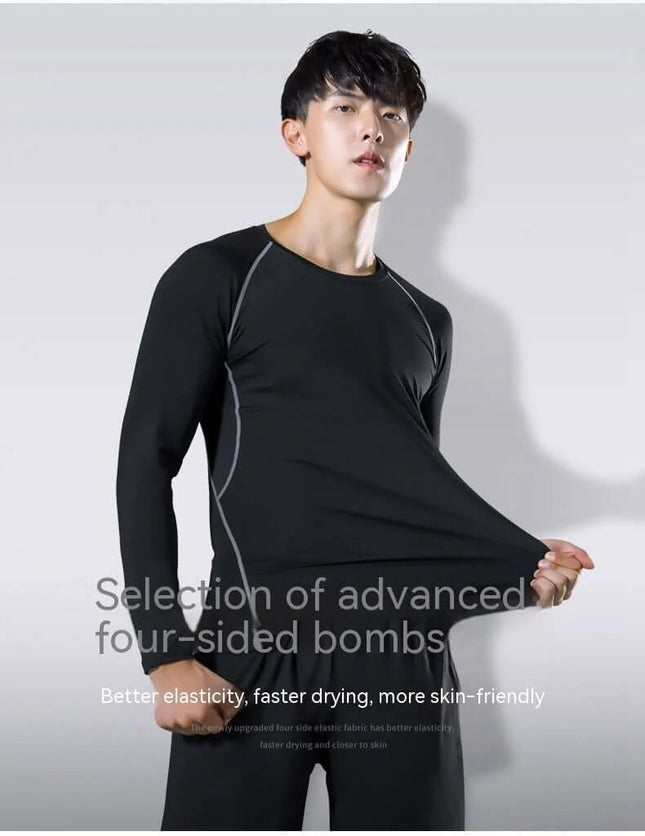 Alt Tag: Quick-Drying Running Set For Gym, Two-Piece Fitness Wear - men's black moisture-wicking long-sleeve top with stretch fit