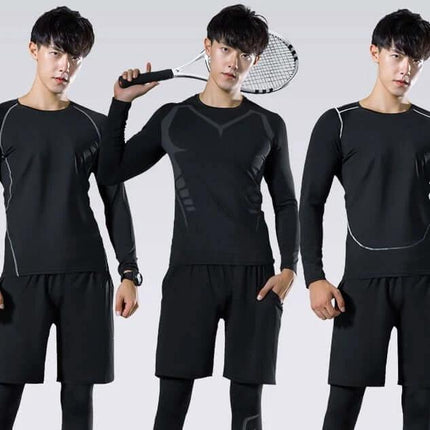 Quick-Drying Running Set For Gym, Two-Piece Fitness Wear model trio wearing black long-sleeve top and shorts for treadmill and outdoor runs