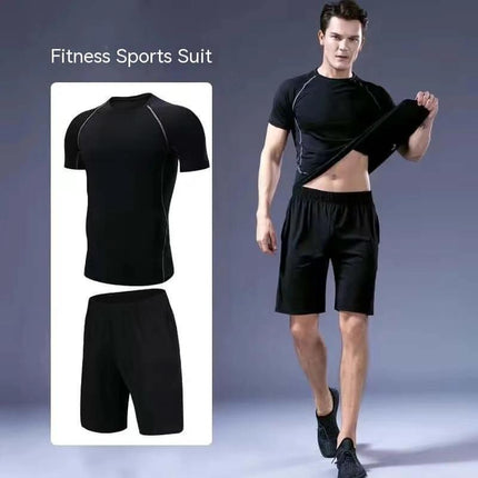 Quick-Drying Running Set For Gym, Two-Piece Fitness Wear - black moisture-wicking short sleeve top and shorts, milk-silk lined breathable gym set