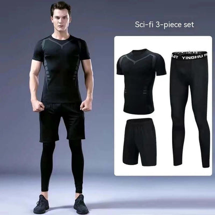 Quick-Drying Running Set For Gym, Two-Piece Fitness Wear - black moisture-wicking men’s workout top and leggings with shorts
