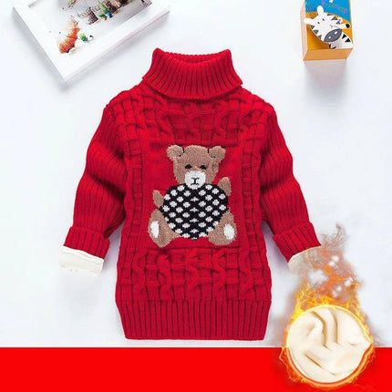 Children Velvet Trim Knit Sweater Casual Winter Warmth red turtleneck knit sweater for older kids with teddy bear motif and velvet trim, warm acrylic fabric