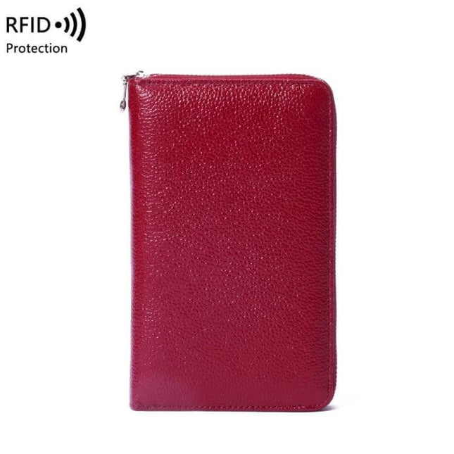 Leather Belly Passport Bag With RFID Wallet For Travel - red textured genuine leather belly passport bag with zipper, RFID protection, compact travel wallet
