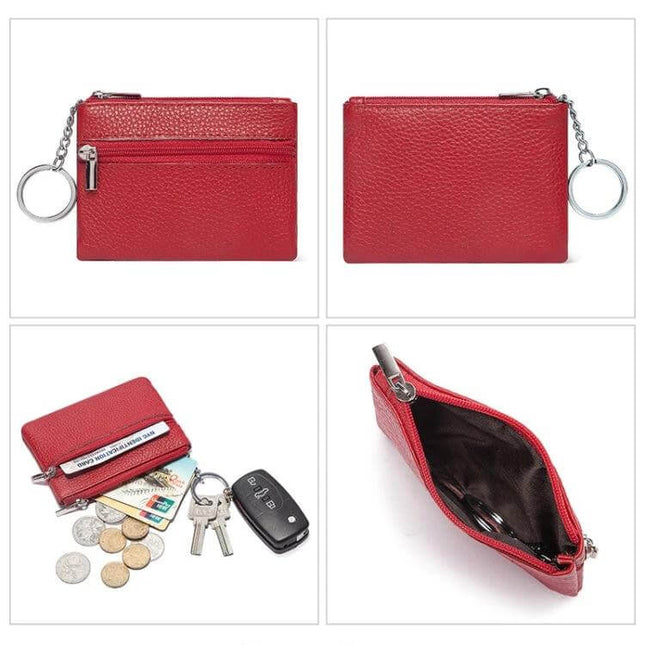 Leather Mini Wallet With Zipper Coin Purse And Card Holder - red genuine leather compact wallet with zipper, key ring, card slots and coin pocket