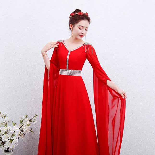 Red Guzheng Performance Dress For Onstage Use And Everyday Comfort - red chiffon mid-waist gown with flowing sleeves and decorative waistband