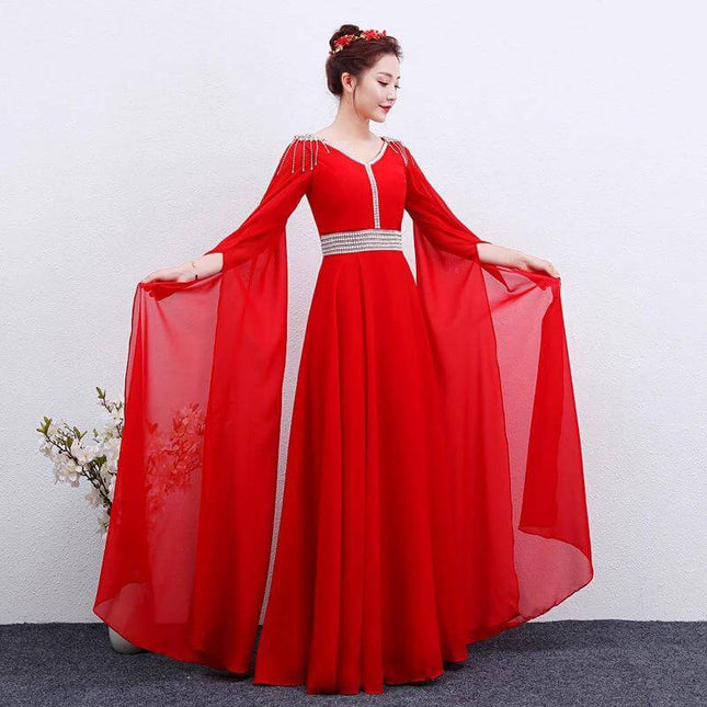 Red Guzheng Performance Dress For Onstage Use And Everyday Comfort - red chiffon mid-waist performance gown with flowing sleeves for Guzheng players