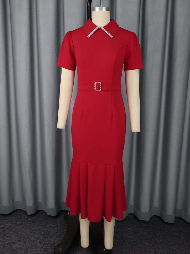 Red High-Waisted Lapel Short Sleeve Dress For Everyday Wear in red polyester with belted high waist and mid-length hip-skimming skirt, styled for office or daytime events