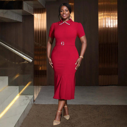 Red High-Waisted Lapel Short Sleeve Dress For Everyday Wear - model wearing red high-waisted lapel short-sleeve midi dress with belt, polished office look